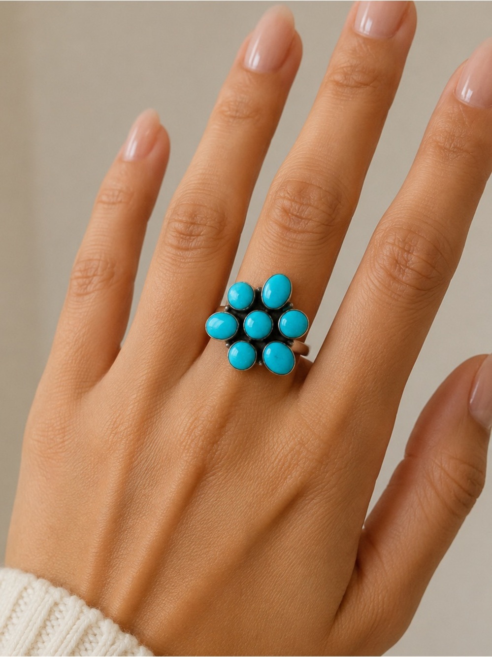 Turquoise Vintage Sterling Silver Flower Cluster Ring 925